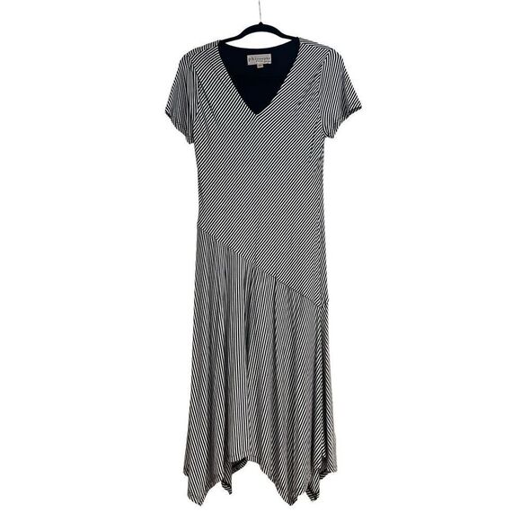 Philosophy Womens Striped V-Neck Asymmetrical Hem Midi Dress Black White Large - Picture 1 of 6